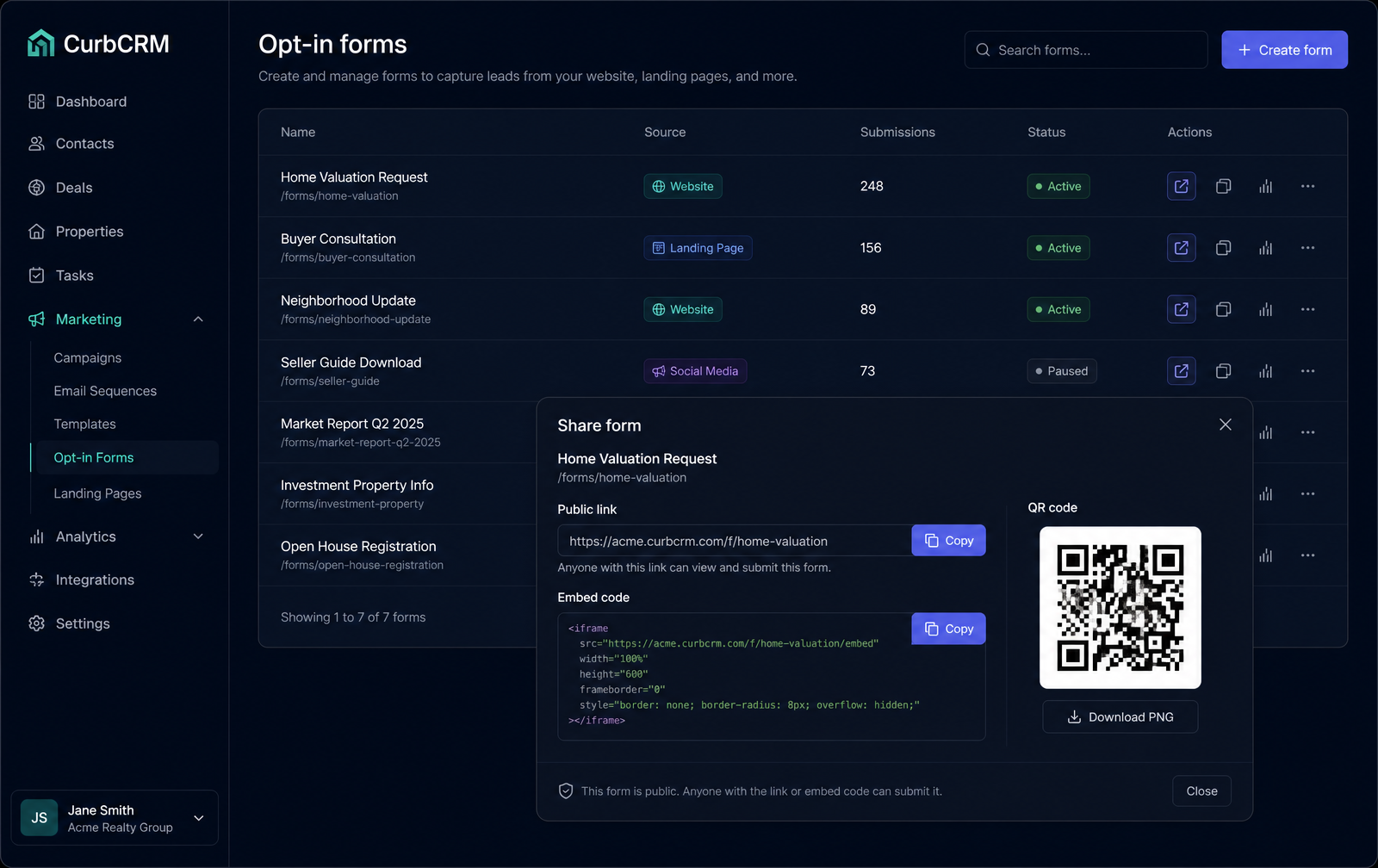 Opt-in forms list with a share dialog showing a public link, QR code and website embed snippet