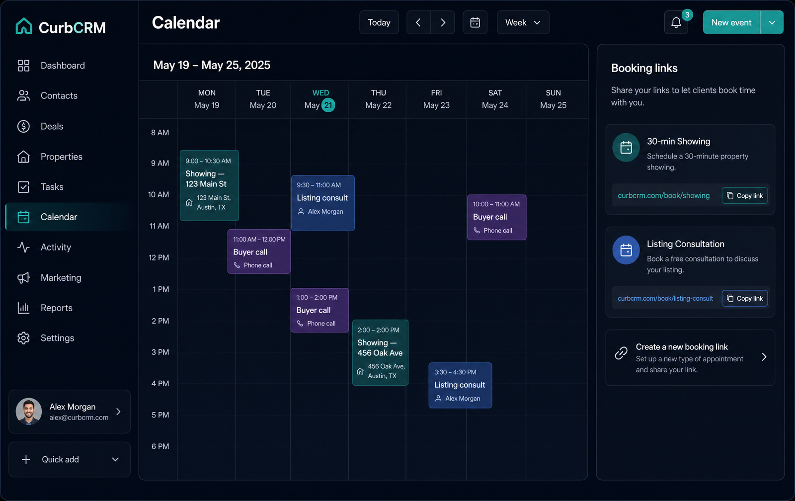 Curb calendar week view with showings and consults alongside shareable booking links