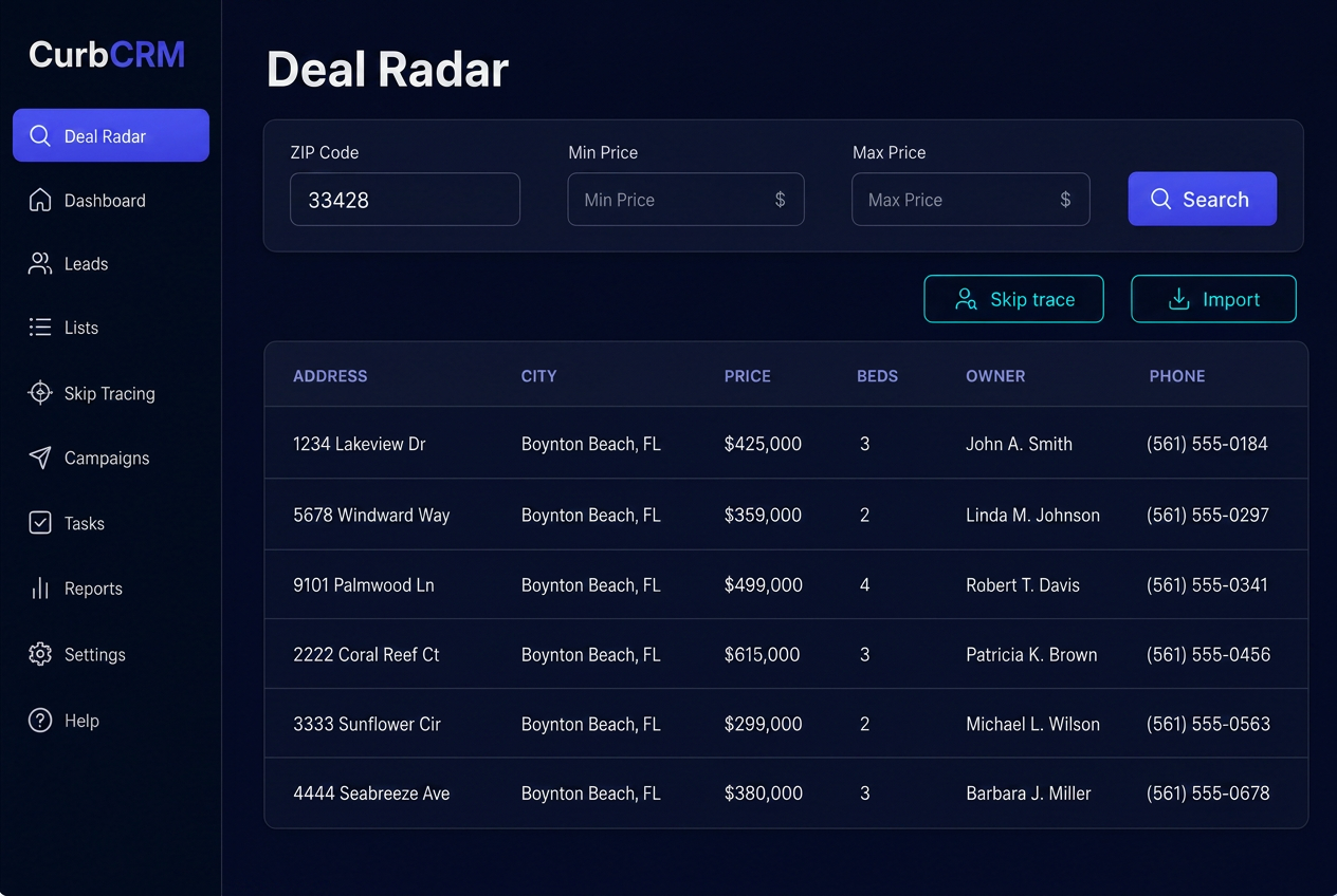 Deal Radar searching off-market seller listings by zip code with owner phone numbers