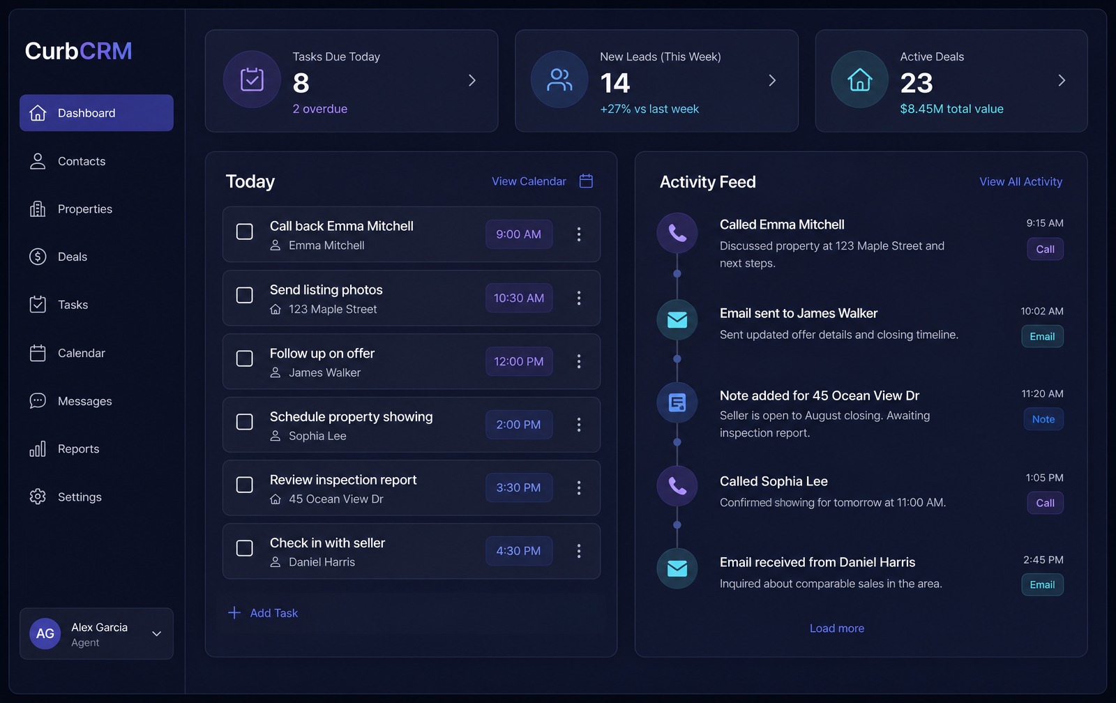 Dashboard showing today's tasks alongside an activity feed of calls, emails and notes